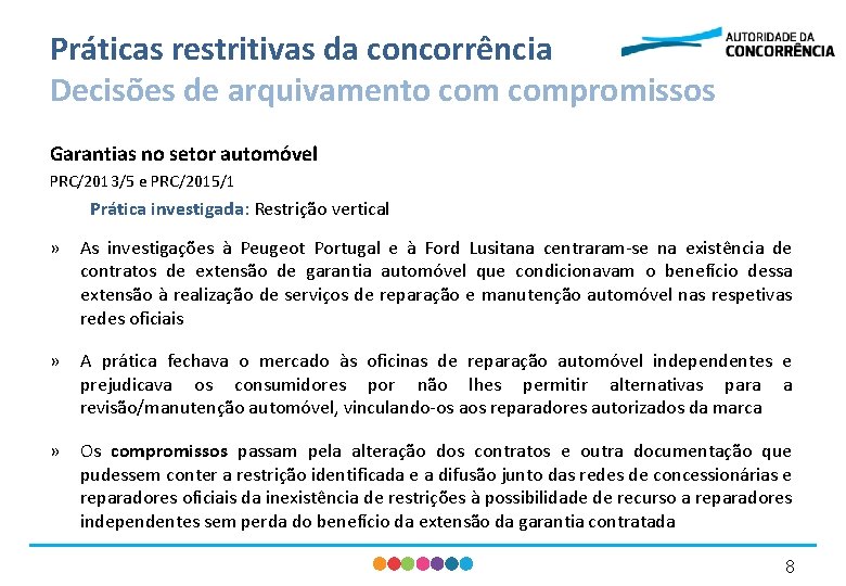 Práticas restritivas da concorrência Decisões de arquivamento compromissos Garantias no setor automóvel PRC/2013/5 e