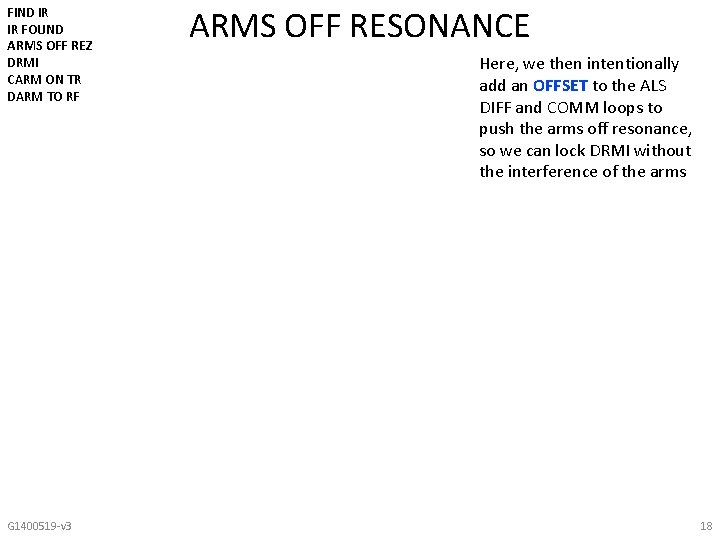 FIND IR IR FOUND ARMS OFF REZ DRMI CARM ON TR DARM TO RF