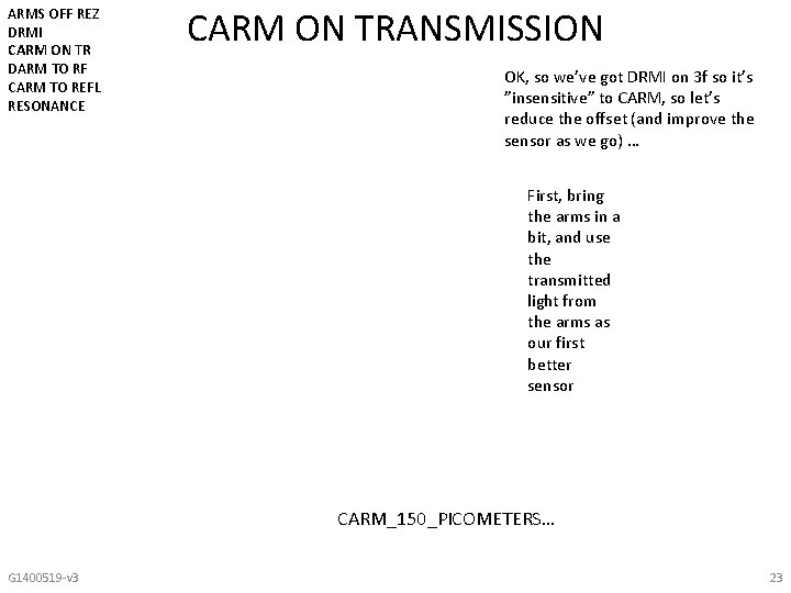 ARMS OFF REZ DRMI CARM ON TR DARM TO RF CARM TO REFL RESONANCE