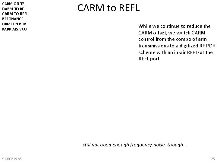 CARM ON TR DARM TO RF CARM TO REFL RESONANCE DRMI ON POP PARK