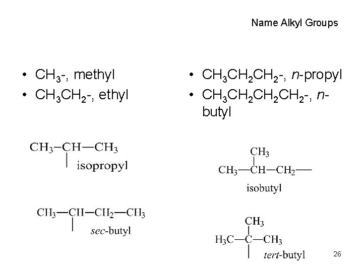 Name Alkyl Groups • CH 3 -, methyl • CH 3 CH 2 -,