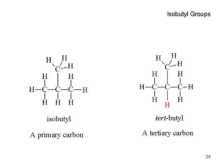 Isobutyl Groups H H isobutyl A primary carbon tert-butyl A tertiary carbon 29 Isobutyl Groups H H isobutyl A primary carbon tert-butyl A tertiary carbon 29