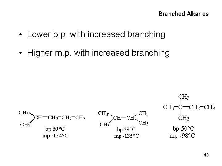 Branched Alkanes • Lower b. p. with increased branching • Higher m. p. with
