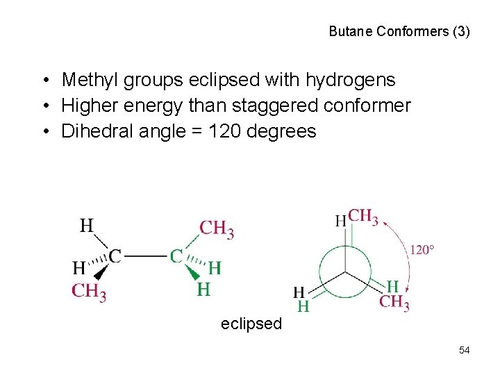 Butane Conformers (3) • Methyl groups eclipsed with hydrogens • Higher energy than staggered