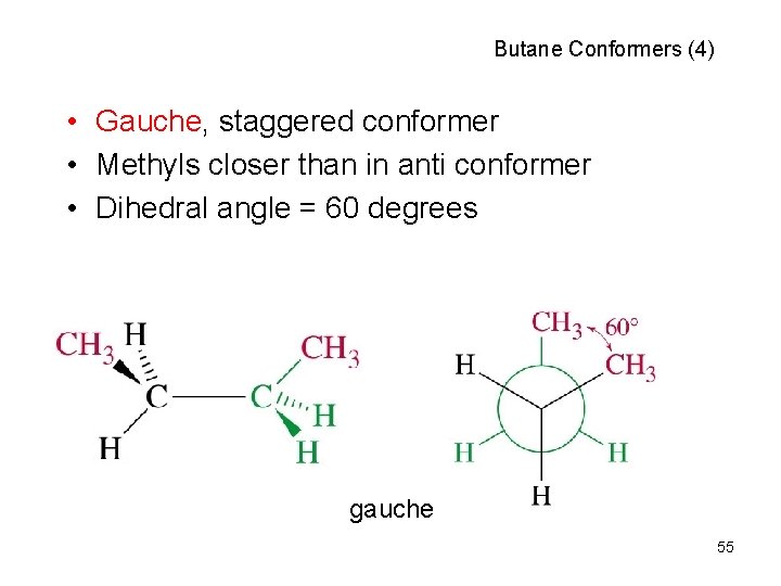Butane Conformers (4) • Gauche, staggered conformer • Methyls closer than in anti conformer