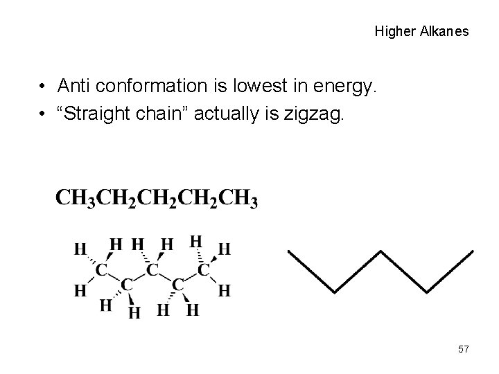 Higher Alkanes • Anti conformation is lowest in energy. • “Straight chain” actually is