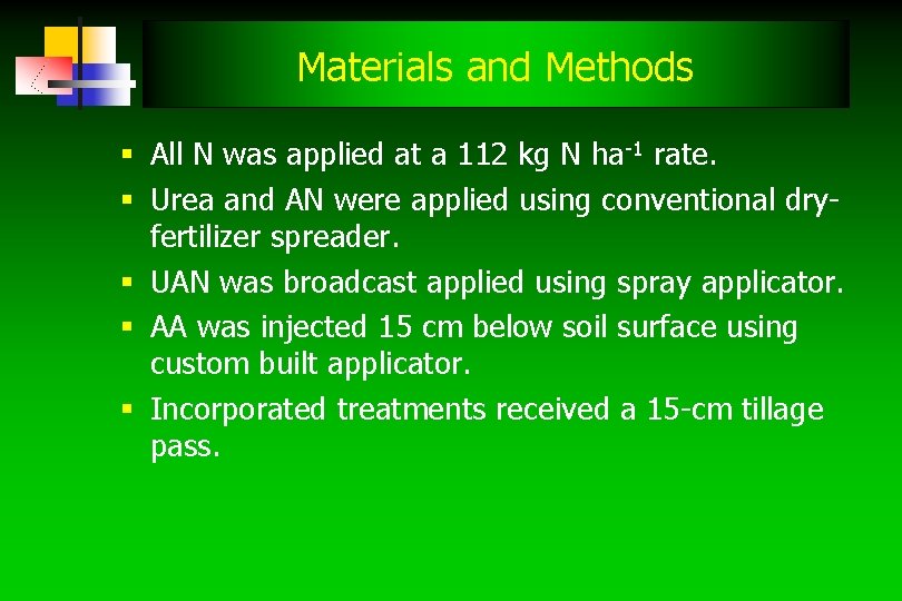 Materials and Methods § All N was applied at a 112 kg N ha-1 Materials and Methods § All N was applied at a 112 kg N ha-1