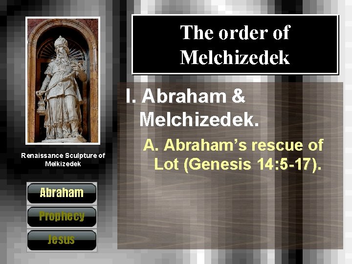The order of Melchizedek I. Abraham & Melchizedek. Renaissance Sculpture of Melkizedek Abraham Prophecy