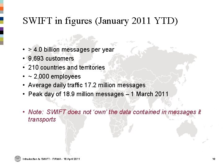 SWIFT in figures (January 2011 YTD) • • • > 4. 0 billion messages SWIFT in figures (January 2011 YTD) • • • > 4. 0 billion messages