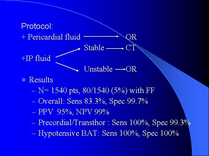 Protocol: + Pericardial fluid Stable OR CT Unstable OR +IP fluid l Results –