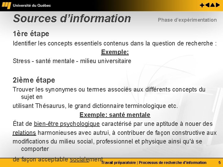 Sources d’information Phase d’expérimentation 1ère étape Identifier les concepts essentiels contenus dans la question