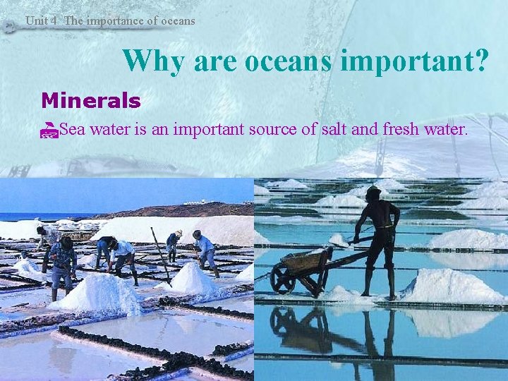 Unit 4 The importance of oceans Why are oceans important? Minerals Sea water is