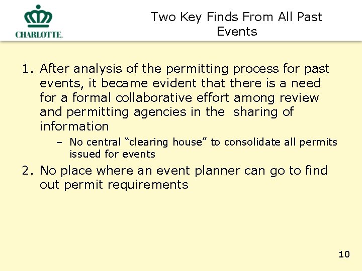 Two Key Finds From All Past Events 1. After analysis of the permitting process