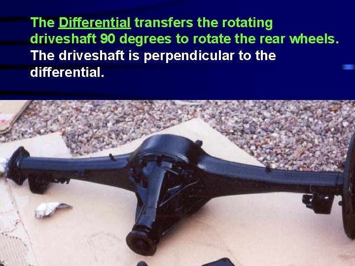 The Differential transfers the rotating driveshaft 90 degrees to rotate the rear wheels. The