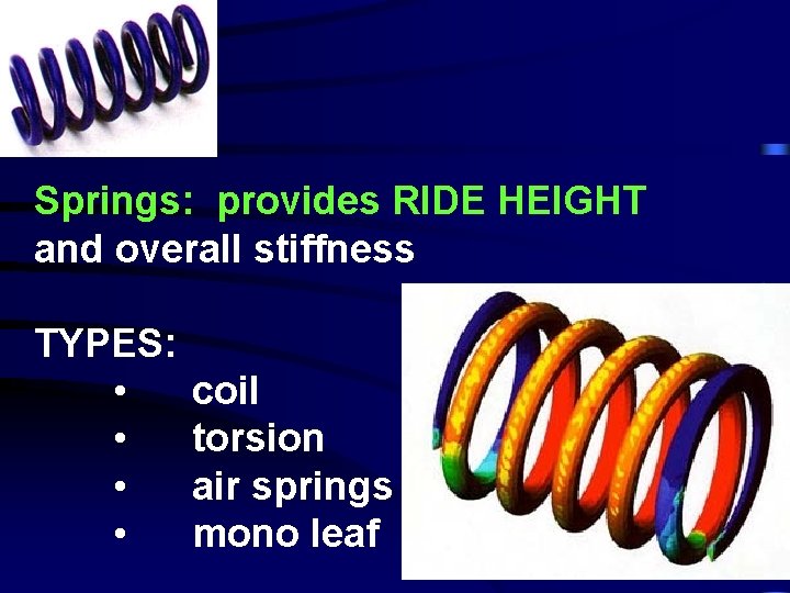 Springs: provides RIDE HEIGHT and overall stiffness TYPES: • • coil torsion air springs