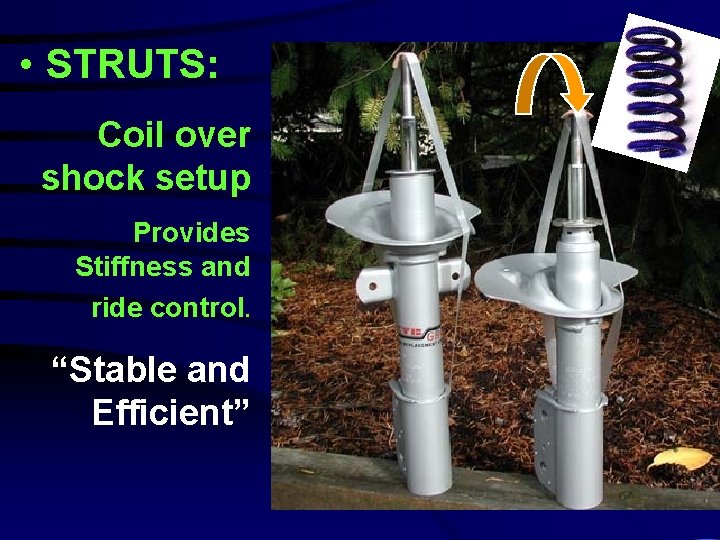  • STRUTS: Coil over shock setup Provides Stiffness and ride control. “Stable and