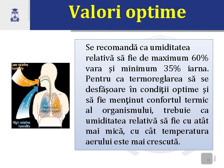 Valori optime Se recomandă ca umiditatea relativă să fie de maximum 60% vara şi