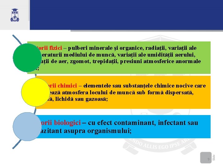 factorii fizici – pulberi minerale şi organice, radiaţii, variaţii ale temperaturii mediului de muncă,