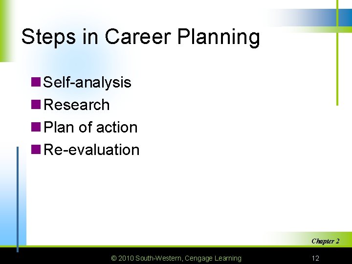 Steps in Career Planning n Self-analysis n Research n Plan of action n Re-evaluation
