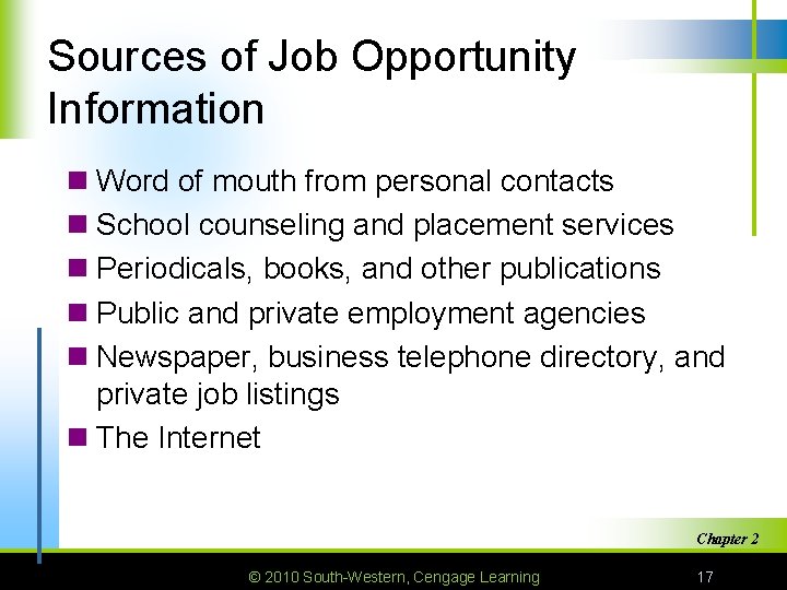 Sources of Job Opportunity Information n Word of mouth from personal contacts n School