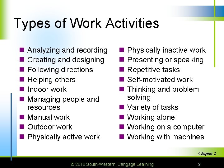 Types of Work Activities n n n Analyzing and recording Creating and designing Following