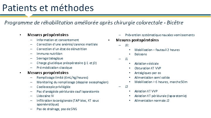 Patients et méthodes Programme de réhabilitation améliorée après chirurgie colorectale - Bicêtre • Mesures