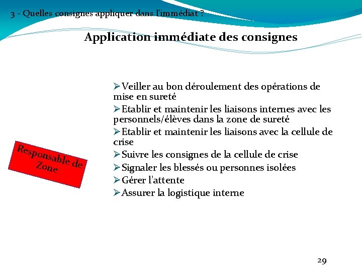 3 - Quelles consignes appliquer dans l'immédiat ? Application immédiate des consignes Resp onsa