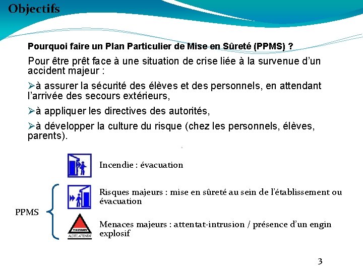 Objectifs Pourquoi faire un Plan Particulier de Mise en Sûreté (PPMS) ? Pour être
