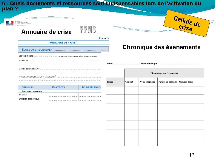 6 - Quels documents et ressources sont indispensables lors de l'activation du plan ?