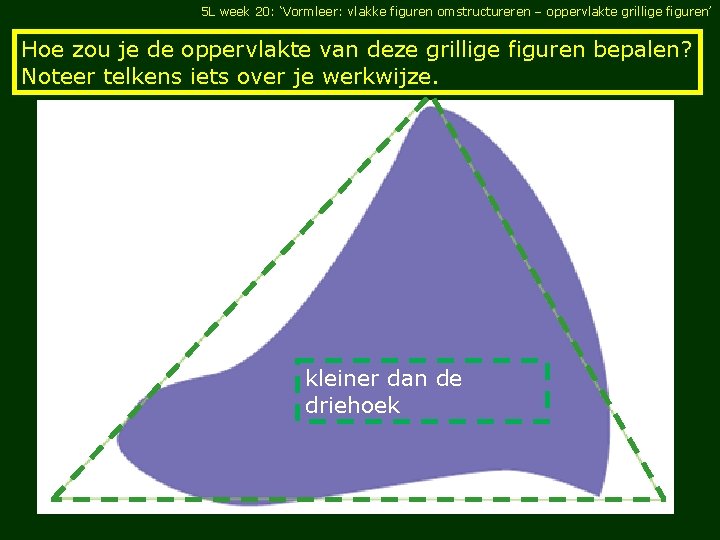 5 L week 20: ‘Vormleer: vlakke figuren omstructureren – oppervlakte grillige figuren’ Hoe zou