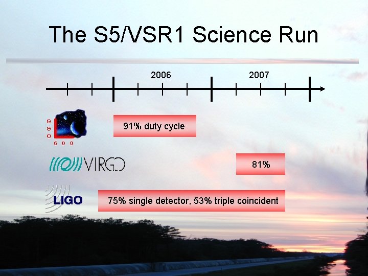 The S 5/VSR 1 Science Run 2006 2007 91% duty cycle 81% 75% single