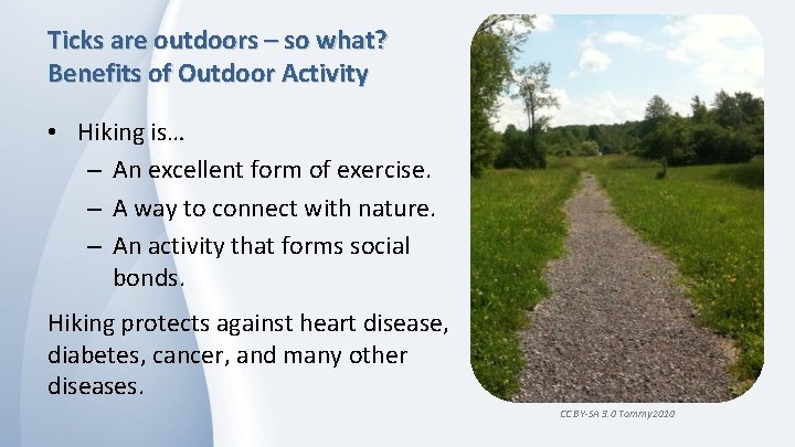 Ticks are outdoors – so what? Benefits of Outdoor Activity • Hiking is… –
