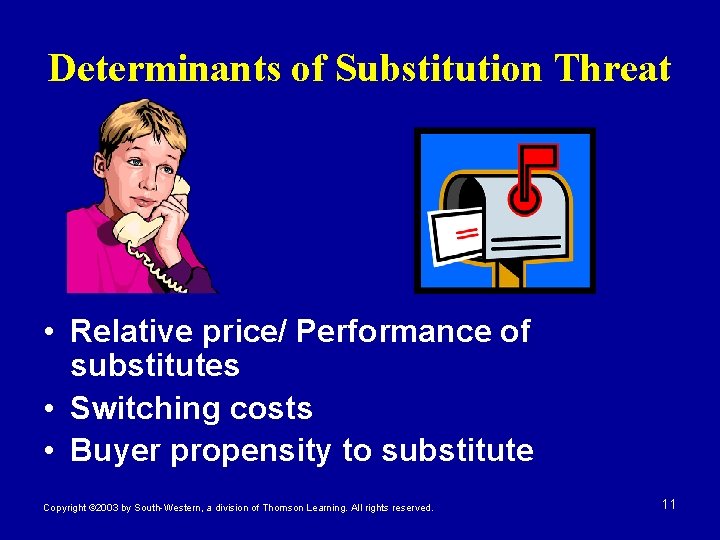 Determinants of Substitution Threat • Relative price/ Performance of substitutes • Switching costs • Determinants of Substitution Threat • Relative price/ Performance of substitutes • Switching costs •