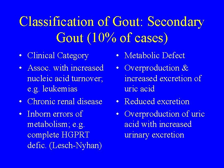 Classification of Gout: Secondary Gout (10% of cases) • Clinical Category • Assoc. with