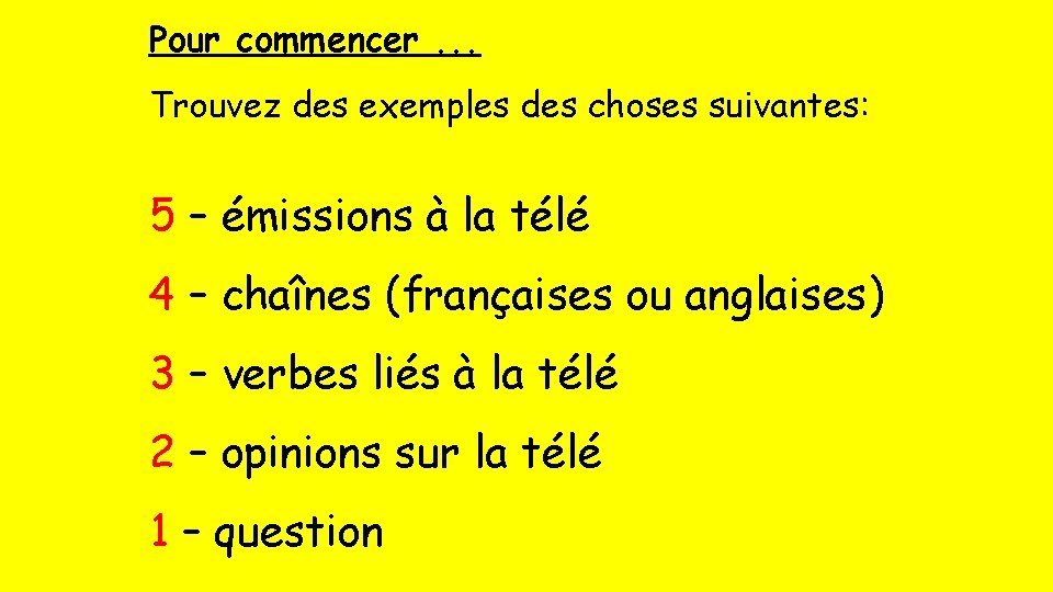 Pour commencer. . . Trouvez des exemples des choses suivantes: 5 – émissions à