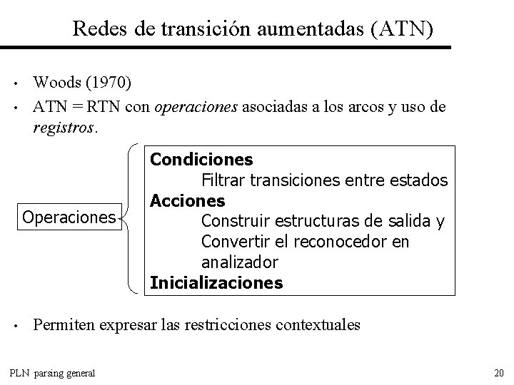 Redes de transición aumentadas (ATN) • • Woods (1970) ATN = RTN con operaciones