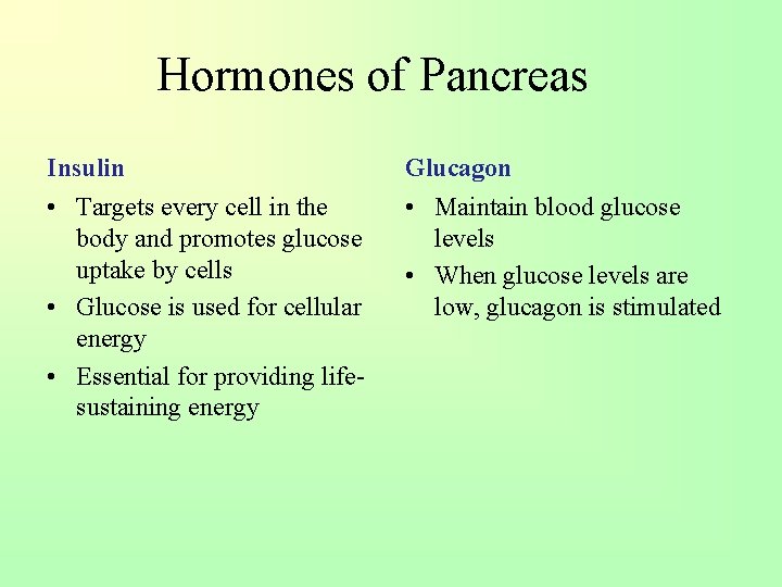 Hormones of Pancreas Insulin Glucagon • Targets every cell in the body and promotes