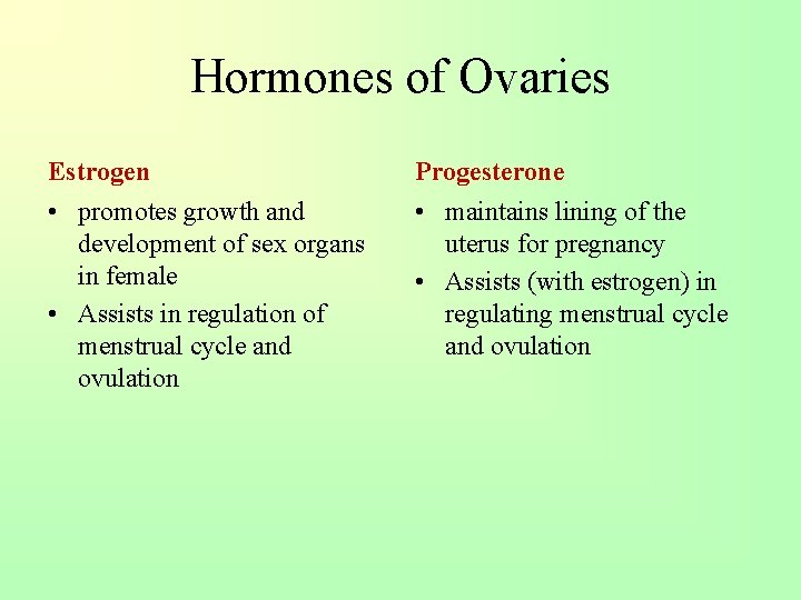 Hormones of Ovaries Estrogen Progesterone • promotes growth and development of sex organs in