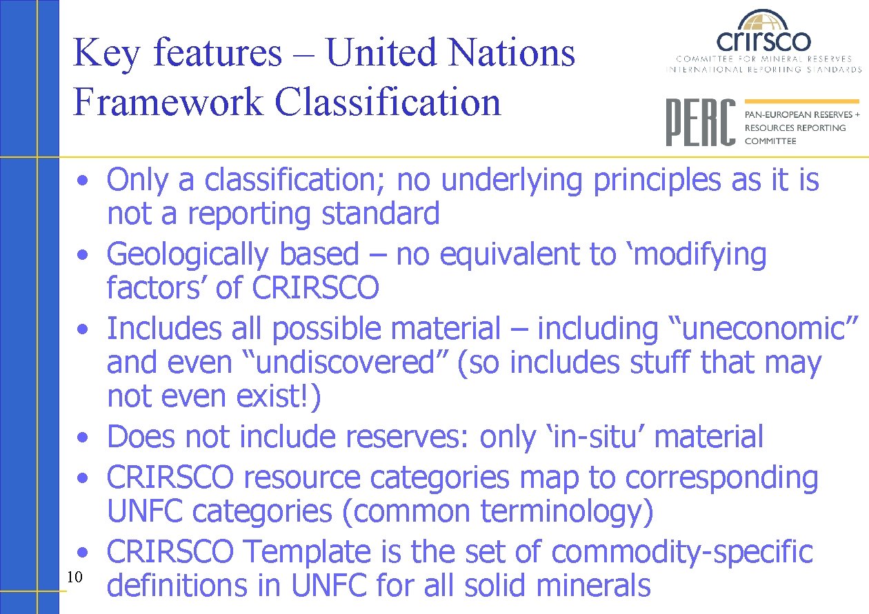 Key features – United Nations Framework Classification • Only a classification; no underlying principles