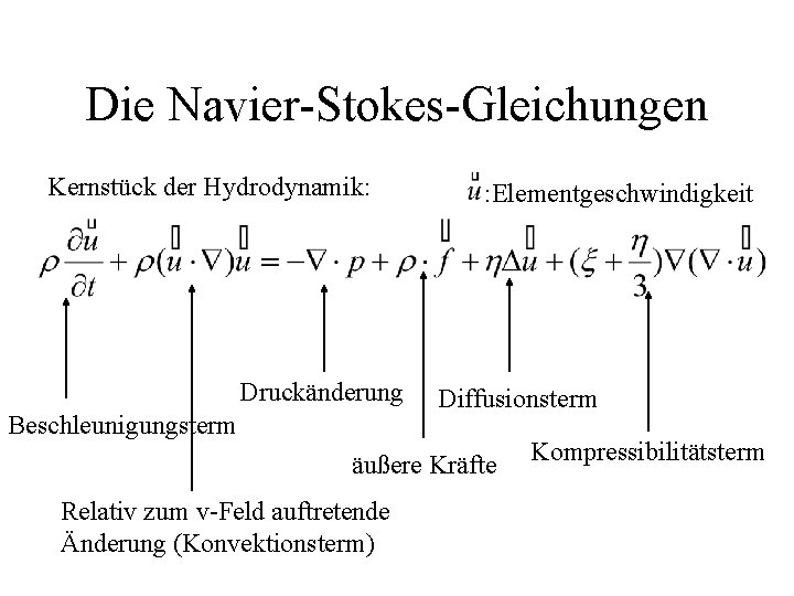 Die Navier-Stokes-Gleichungen Kernstück der Hydrodynamik: Druckänderung Beschleunigungsterm : Elementgeschwindigkeit Diffusionsterm äußere Kräfte Relativ zum