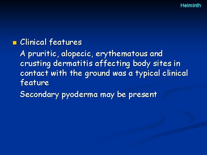 Helminth n Clinical features A pruritic, alopecic, erythematous and crusting dermatitis affecting body sites Helminth n Clinical features A pruritic, alopecic, erythematous and crusting dermatitis affecting body sites