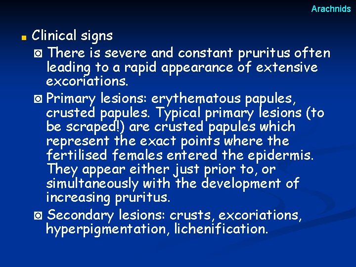 Arachnids ■ Clinical signs ◙ There is severe and constant pruritus often leading to Arachnids ■ Clinical signs ◙ There is severe and constant pruritus often leading to