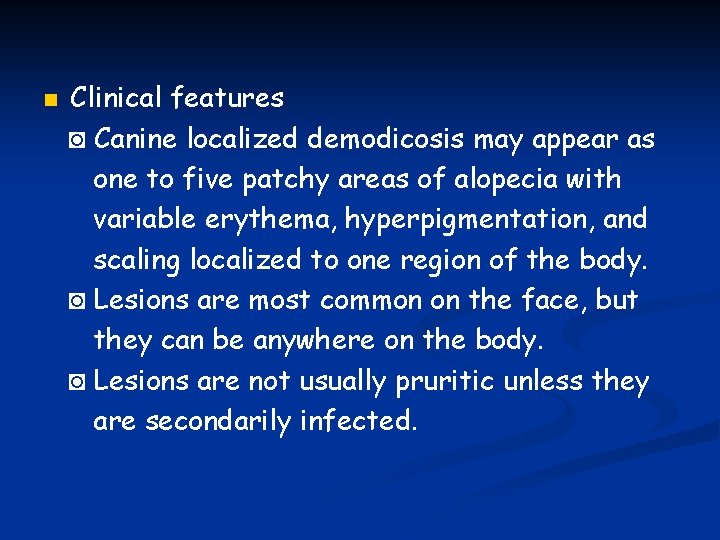 n Clinical features ◙ Canine localized demodicosis may appear as one to five patchy n Clinical features ◙ Canine localized demodicosis may appear as one to five patchy
