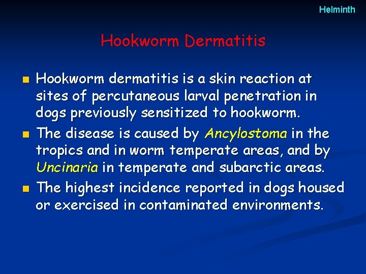 Helminth Hookworm Dermatitis n n n Hookworm dermatitis is a skin reaction at sites Helminth Hookworm Dermatitis n n n Hookworm dermatitis is a skin reaction at sites