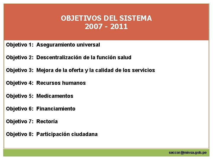 OBJETIVOS DEL SISTEMA 2007 - 2011 Objetivo 1: Aseguramiento universal Objetivo 2: Descentralización de