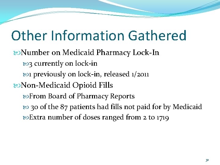 Other Information Gathered Number on Medicaid Pharmacy Lock-In 3 currently on lock-in 1 previously