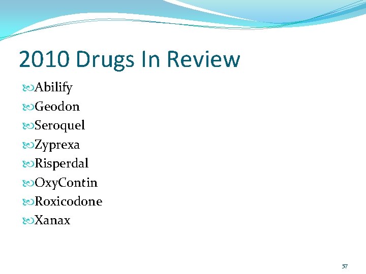 2010 Drugs In Review Abilify Geodon Seroquel Zyprexa Risperdal Oxy. Contin Roxicodone Xanax 57