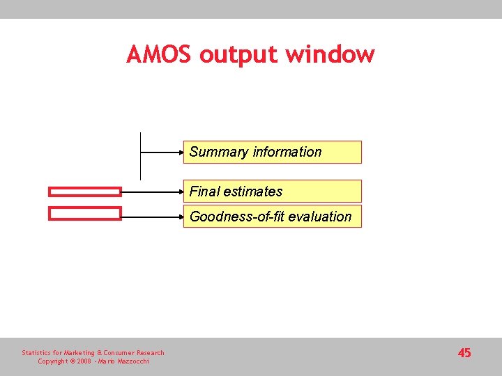 AMOS output window Summary information Final estimates Goodness-of-fit evaluation Statistics for Marketing & Consumer