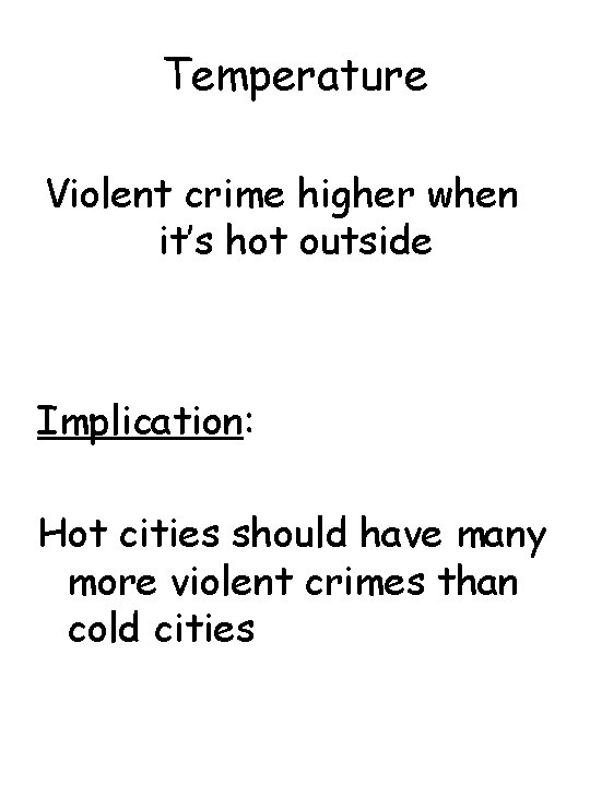 Temperature Violent crime higher when it’s hot outside Implication: Hot cities should have many
