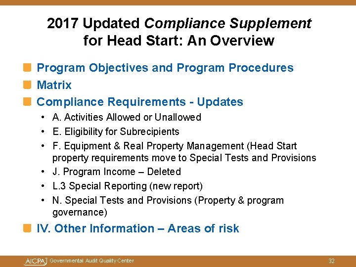 2017 Updated Compliance Supplement for Head Start: An Overview Program Objectives and Program Procedures 2017 Updated Compliance Supplement for Head Start: An Overview Program Objectives and Program Procedures